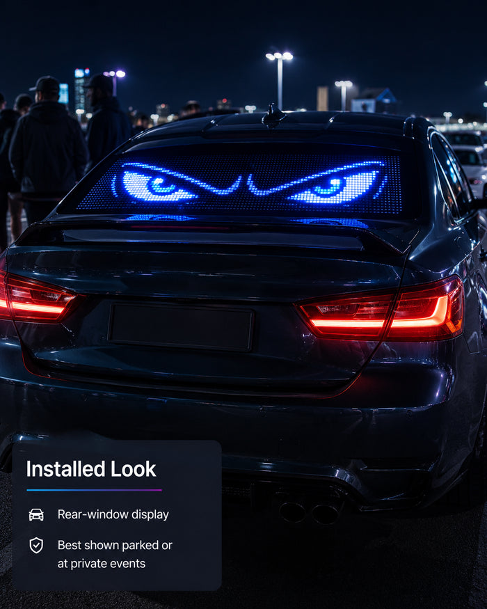 Demon Eyes display installed on a vehicle window